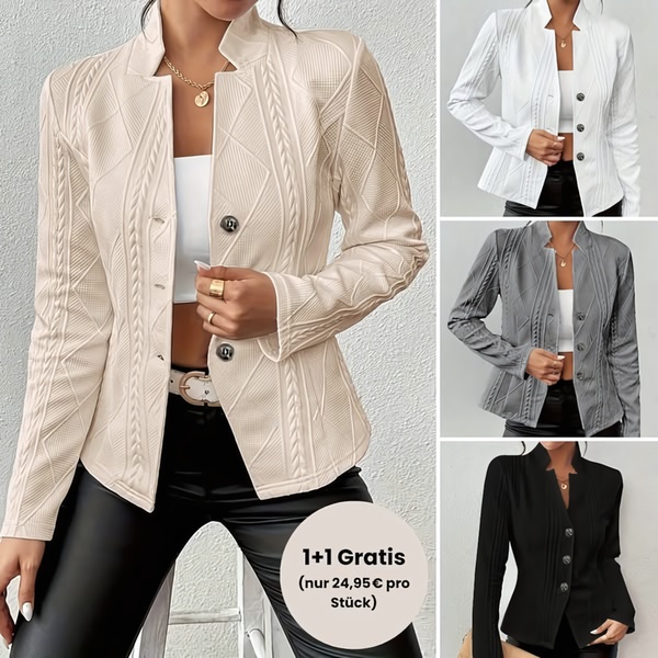 A high-conversion 1+1 bundle offer for a textured blazer presented in four classic colorways with a clear price-per-unit incentive.