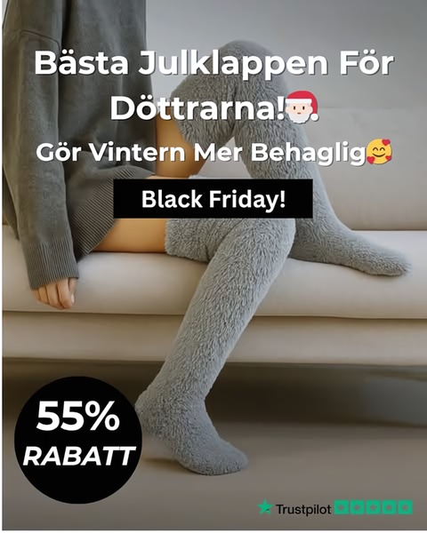 This creative showcases fuzzy, over-the-knee socks on a person relaxing on a sofa, utilizing a seasonal gift-focused headline and a prominent Black Friday discount offer.