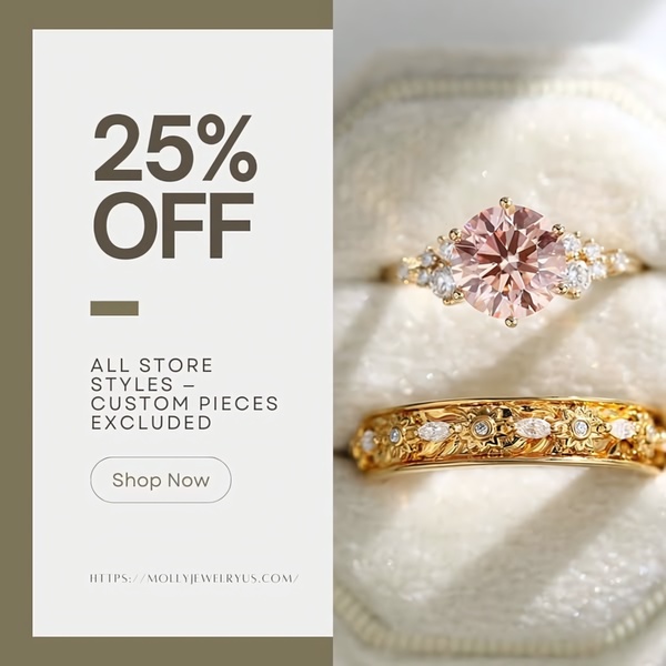 A square-format ad showcasing two gold rings with a high-contrast text overlay for a 25 percent off sale.