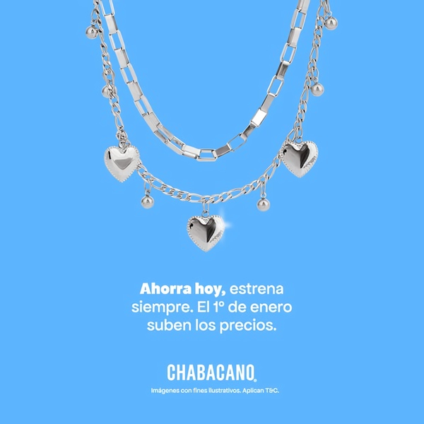 A clean, high-contrast studio shot of a double-layered heart charm necklace set against a vibrant blue background, using text to anchor an end-of-year pricing update.
