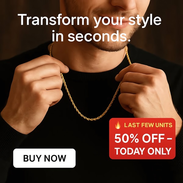 A close-up of a model wearing a gold chain necklace with a bold, benefit-driven headline for a time-sensitive sale.