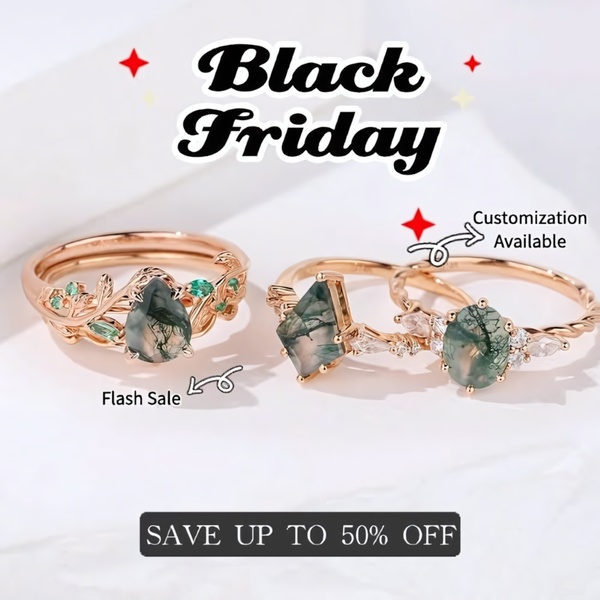 A clean, minimalist jewelry ad displaying two unique moss agate rings on a textured white surface, featuring Black Friday sale branding.