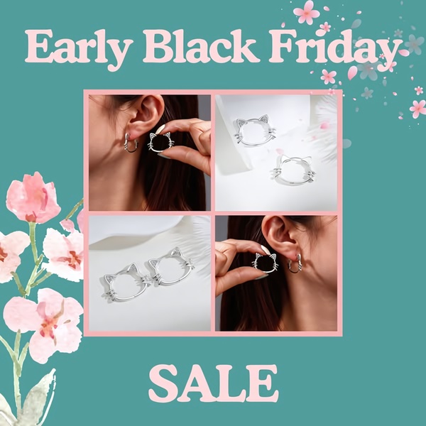 This ad features a clean, grid-based layout showcasing cat-themed earrings worn by a model alongside isolated product shots, set against a soft floral background.