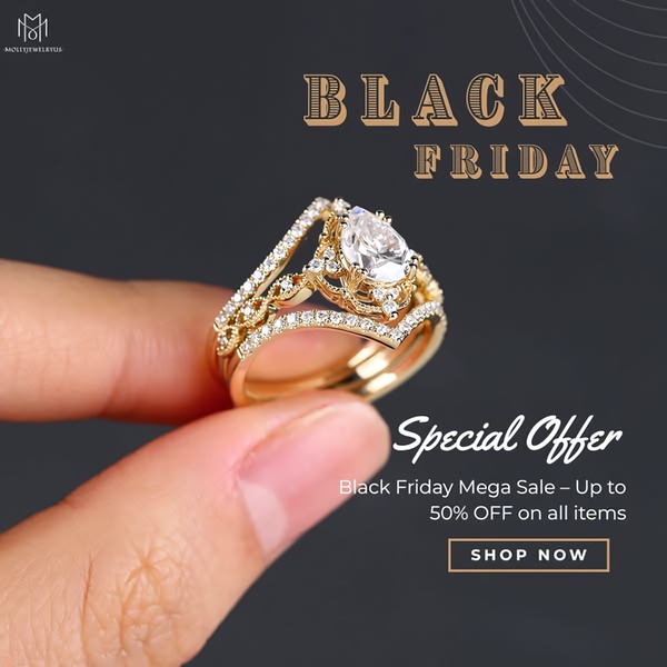 A high-end product close-up of an engagement ring with high-contrast text overlay announcing a Black Friday sale.
