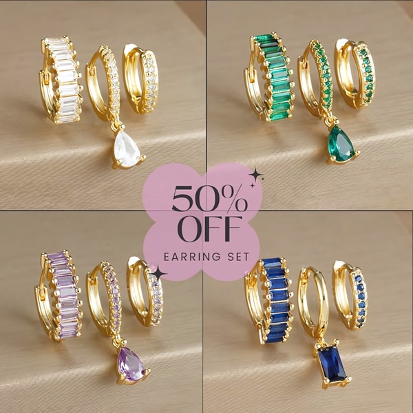 A split-screen product grid showcasing four distinct color variations of an earring set, highlighted by a central 50% discount callout.