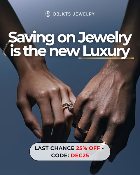 A close-up shot of two people holding hands while wearing rings, emphasizing the jewelry product with a clean, high-contrast aesthetic and a bold offer overlay.