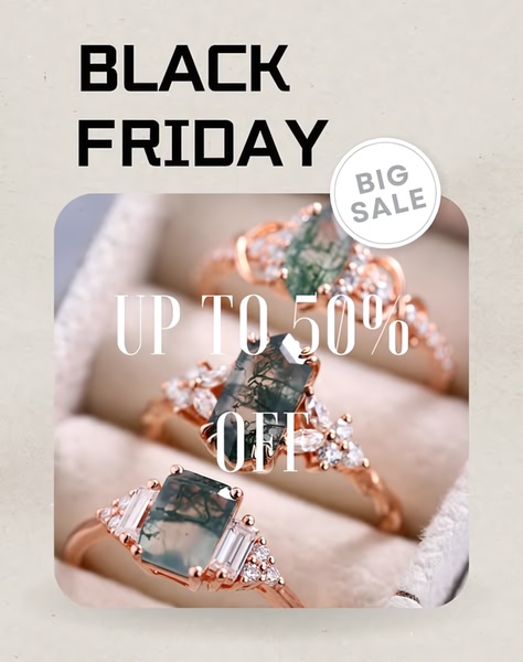A high-converting Black Friday sale ad featuring three moss agate rings in a velvet jewelry box, emphasizing a 50% discount.