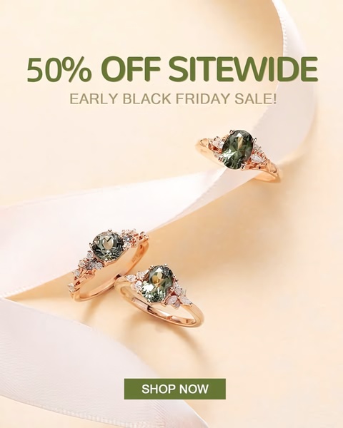 This creative showcases three elegant rings arranged on a clean, light-colored background with a prominent site-wide discount offer.
