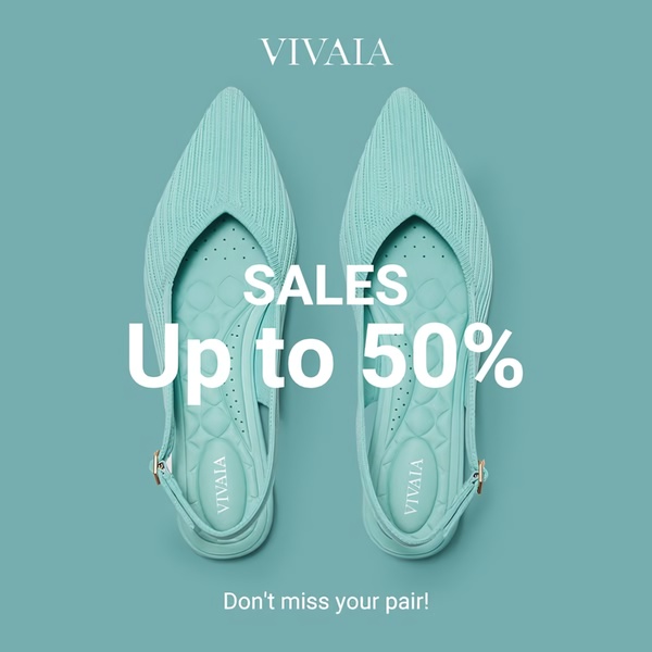 A high-conversion 1:1 ad creative highlighting a 50% off promotion for slingback flats using a minimalist, color-coordinated aesthetic.