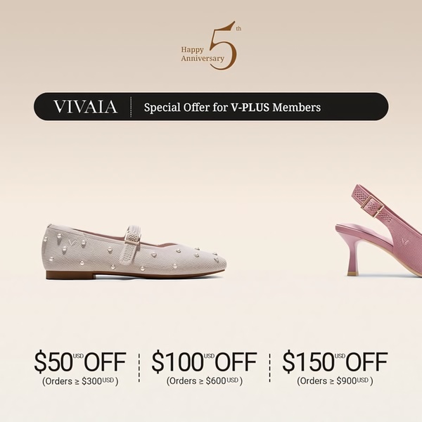 A minimalist, high-end promotional ad featuring women's flats and heels, highlighting exclusive member-only savings based on order value.