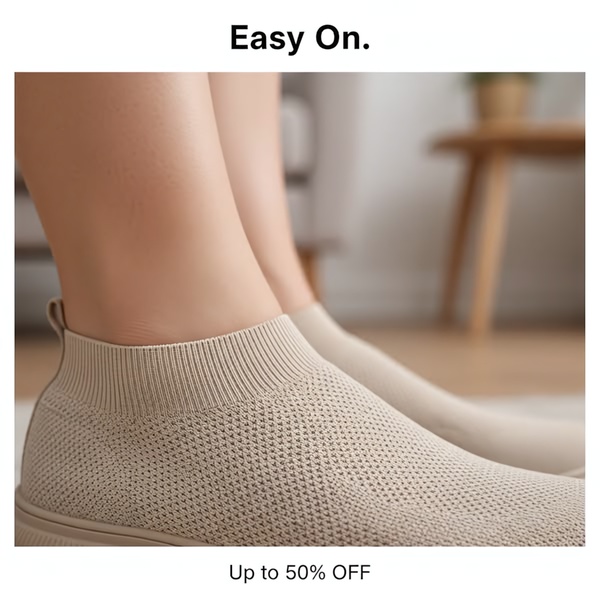 A close-up, high-quality product shot of a beige knit slip-on sneaker, focusing on the ease of wear with clean, benefit-driven text overlays.