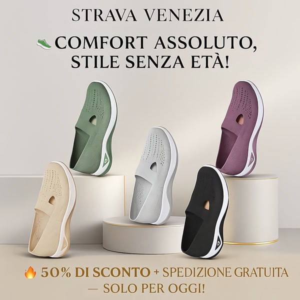 A clean, studio-style product ad featuring five comfort shoes in different colors arranged on geometric pedestals to highlight variety and style.