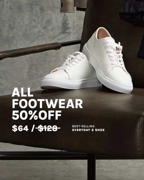 A clean, high-contrast, product-focused ad creative highlighting a 50% discount on minimalist everyday footwear.