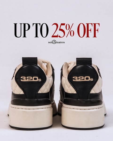 A clean, studio-lit shot of the back of two sneakers highlighting branding and a clear discount offer.