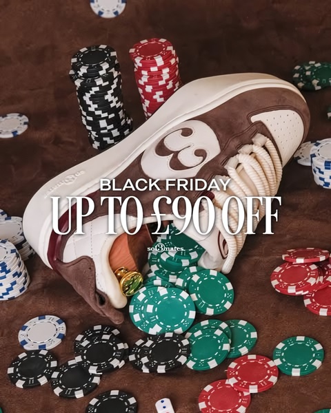 A luxury sneaker placed amidst a scattered pile of casino poker chips, featuring a clear Black Friday discount offer.