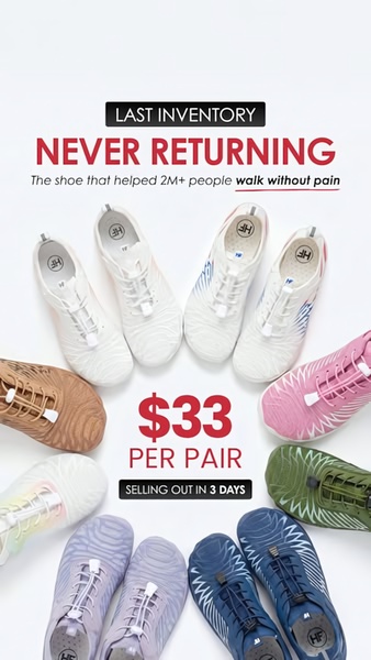 A 9:16 vertical ad creative featuring a circular arrangement of comfortable walking shoes to highlight final inventory and pricing.