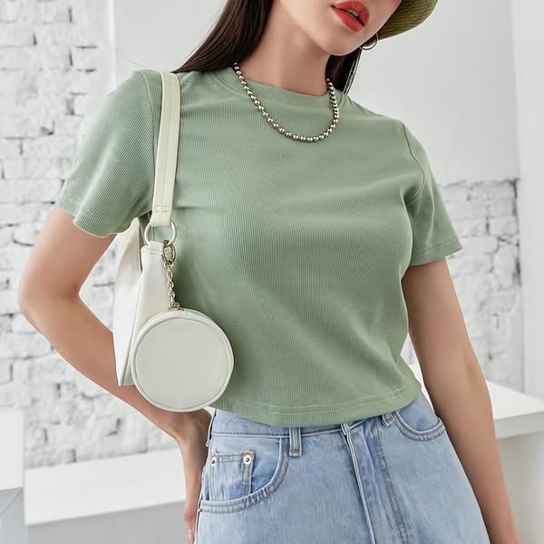 ribbed t-shirt, fitted tee, short sleeve top, casual crewneck tee, fitted crop top, new arrival, lifestyle, fresh, calm, green, neutral