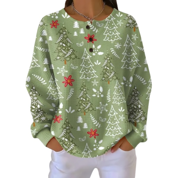 A festive long-sleeve henley featuring a repeating pattern of Christmas trees and winter motifs in a comfortable, textured fabric.