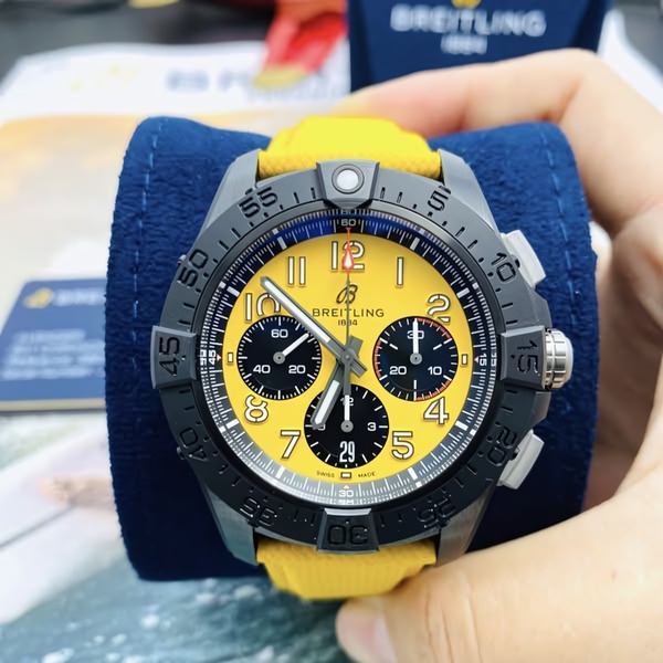 chronograph watch, analog watch, sport watch, wrist watch, luxury watch, product demo, lifestyle, energetic, bold, yellow, blue, black