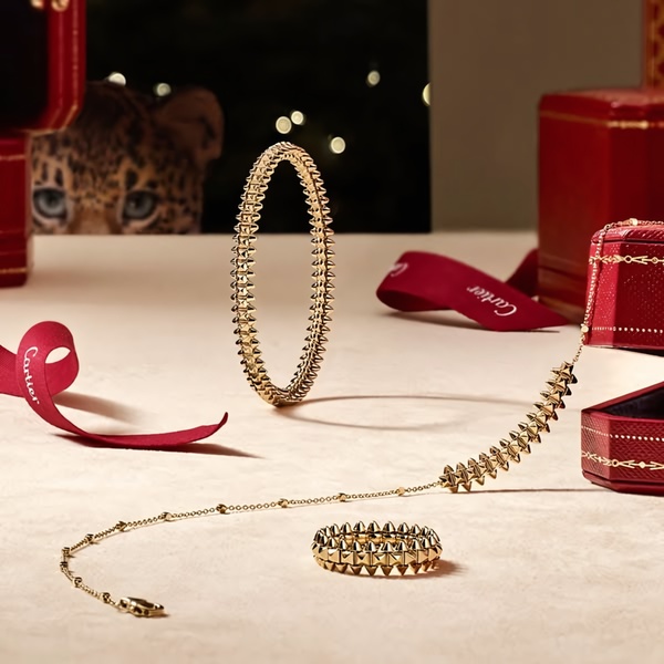 A high-end product display featuring a gold bracelet and ring on a neutral backdrop with red accents and a subtle leopard hint.