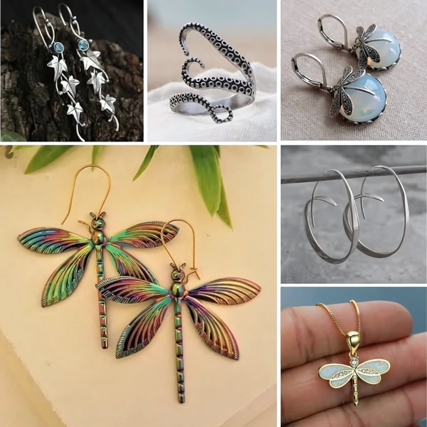 A split-view grid layout showcasing various jewelry pieces including earrings, rings, and necklaces, emphasizing product detail and variety.