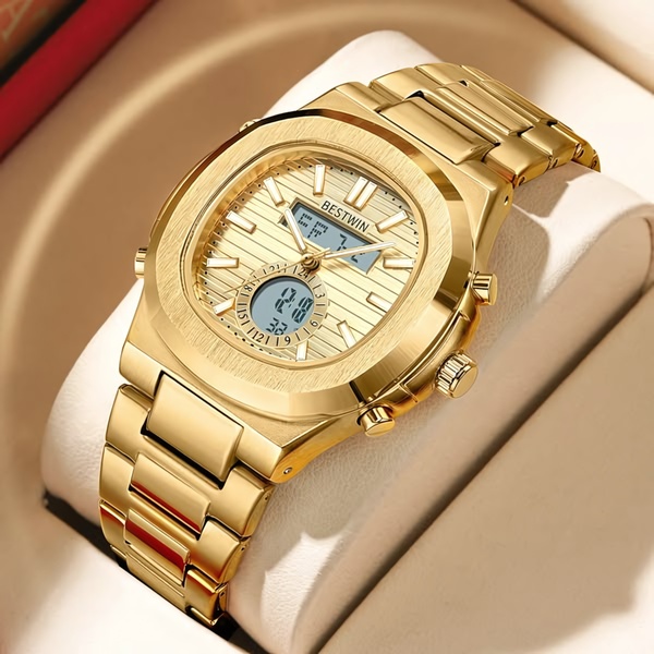 gold watch, analog digital watch, metal strap watch, mens gold watch, wrist watch, bestseller push, minimalist, luxurious, gold, neutral