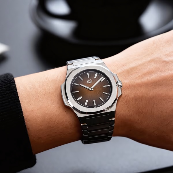 analog watch, stainless steel watch, metal link watch, mens wrist watch, luxury style watch, product demo, lifestyle, minimalist, luxurious, trustworthy, neutral, black