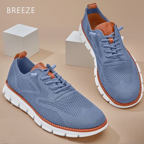 A high-quality 1:1 square static creative featuring a pair of blue knit sneakers on a clean studio display platform.