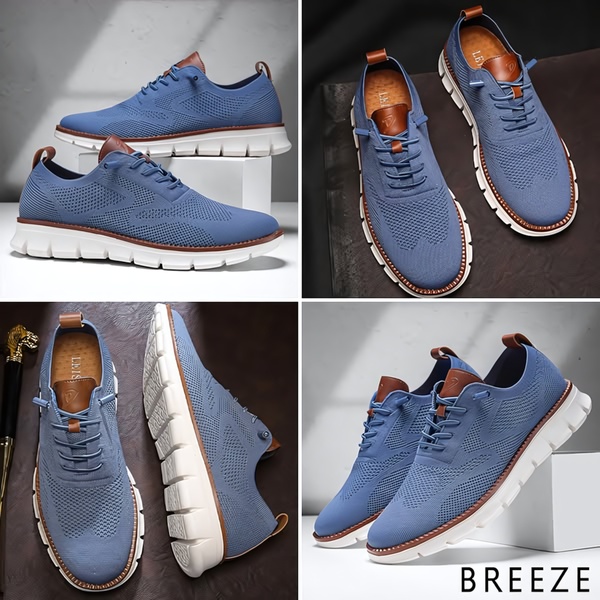 A clean, four-panel composition showcasing the Breeze sneaker from multiple angles to highlight its design, material quality, and versatile aesthetic.