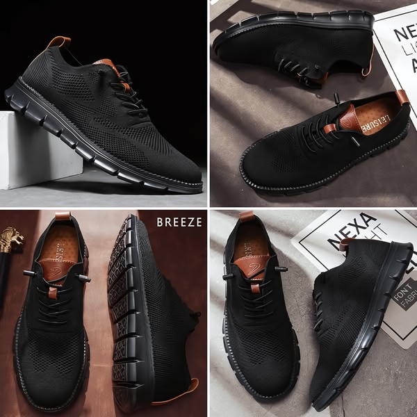 A high-contrast, four-panel grid display showcasing a black knit sneaker from multiple angles with premium branding elements.