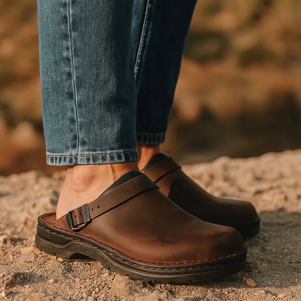 A close-up, ground-level photograph of brown leather clogs worn with cuffed jeans, set against an earthy, natural outdoor background.
