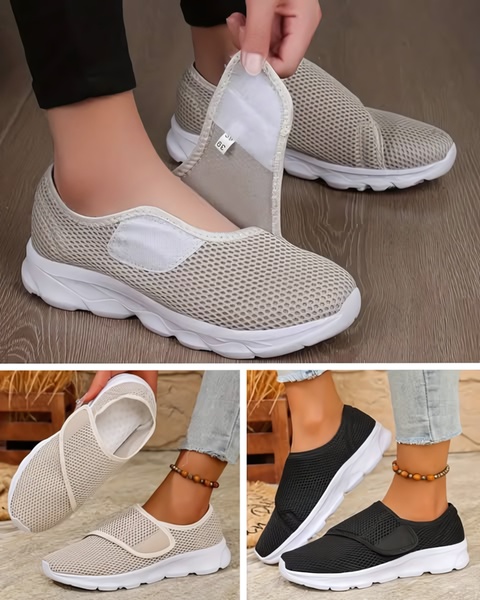 A high-clarity grid layout showing mesh slip-on sneakers in neutral and black colors, featuring a user demonstrating the easy-on design.
