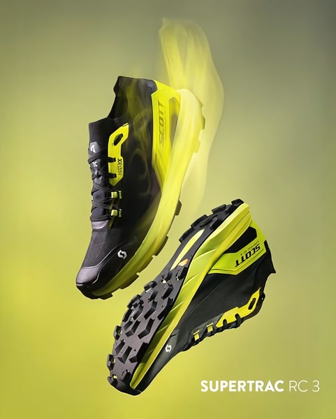 A dynamic studio-style shot featuring two running shoes in a suspended, floating configuration against a neon yellow gradient background.