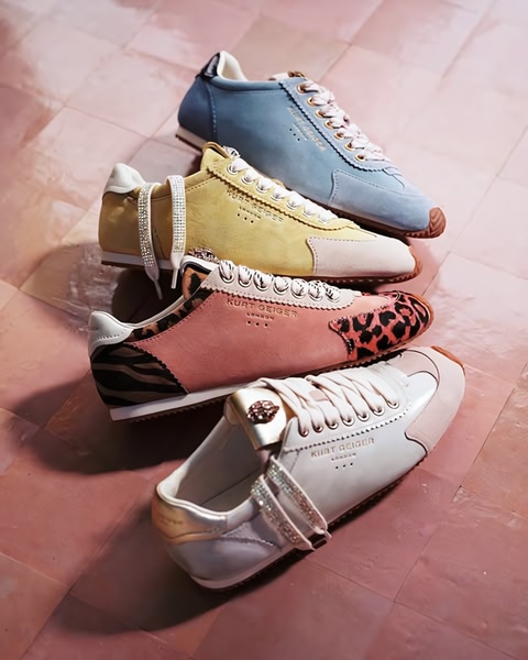 A high-angle flat lay shot showcasing four distinct styles of running shoes arranged neatly on a textured stone-like surface.