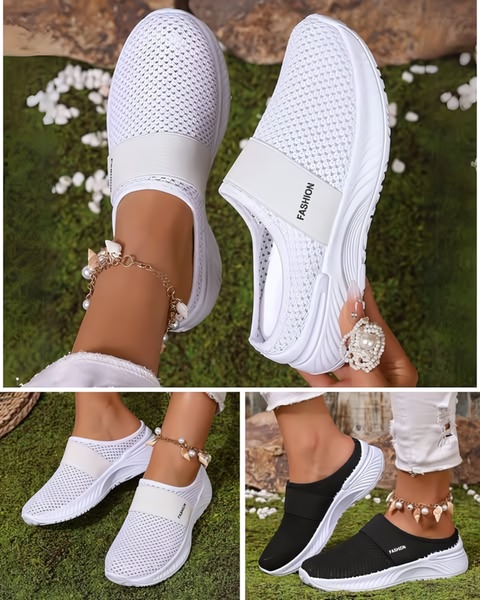 A split-view layout featuring white and black mesh slip-on sneakers held by a model, emphasizing product comfort and versatile styling.