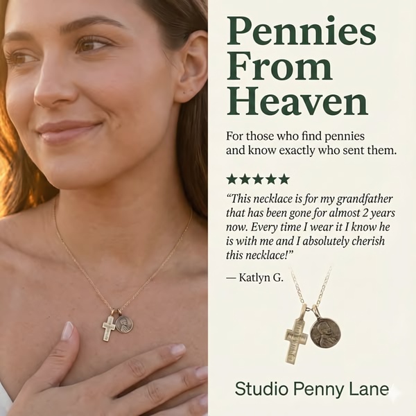 A close-up image of a model wearing a cross and coin pendant necklace, featuring a five-star customer review highlighting the sentimental value of the jewelry.