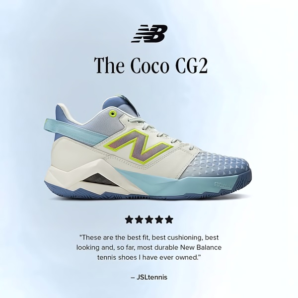 A clean, minimalist 1:1 square ad featuring a high-quality product shot of the Coco CG2 tennis shoe alongside a direct customer review.