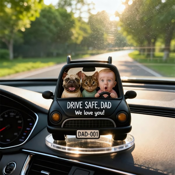 A high-quality 3D render of a personalized car ornament featuring family members in a stylized car frame with a custom DAD-001 license plate.