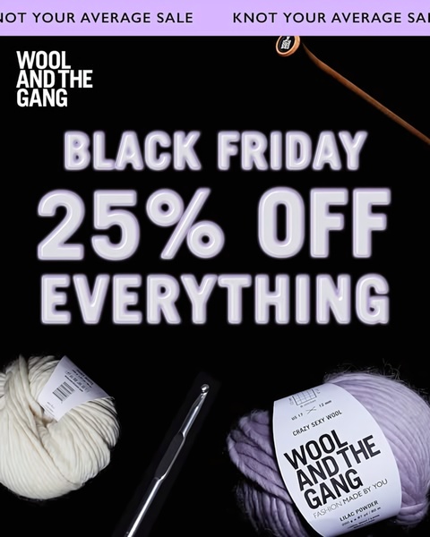 A high-contrast promotional graphic featuring a yarn and crochet hook set against a black background to announce a Black Friday sitewide sale.