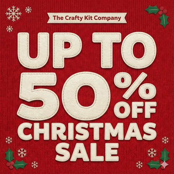 A high-contrast holiday promotional ad featuring a bold percentage-off offer set against a textured, seasonal red background.