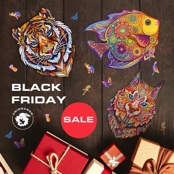 A festive Black Friday ad featuring intricate wooden jigsaw puzzles alongside holiday gift boxes, utilizing a clear sale offer and high-contrast composition.