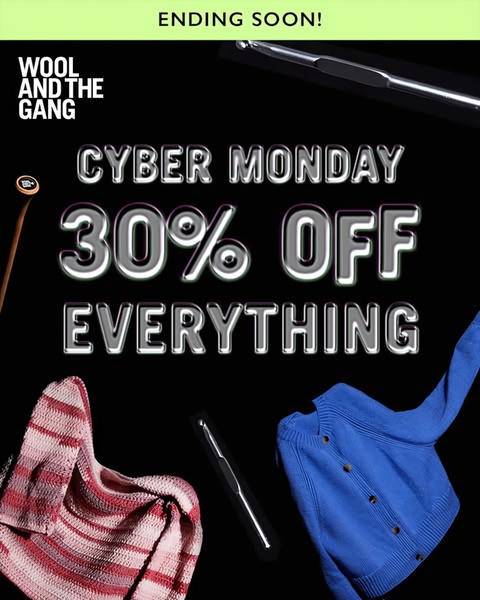 A striking promotional ad creative for a knitting and crochet kit brand featuring a high-contrast black background, metallic typography, and a centered discount announcement.