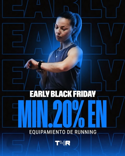 A high-energy, dark-themed promotional graphic for running gear featuring bold typography and a clear early-access discount offer.