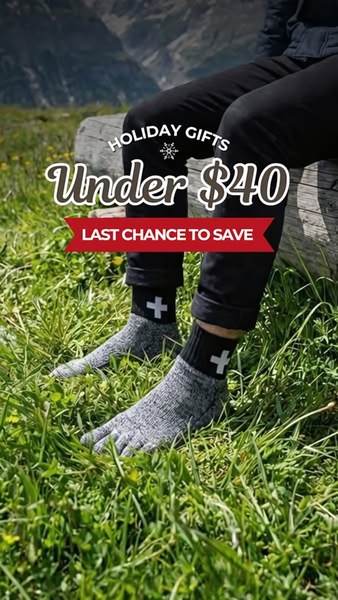 A close-up, outdoors-focused lifestyle shot showcasing five toe socks, using a seasonal sale hook to drive immediate conversions.