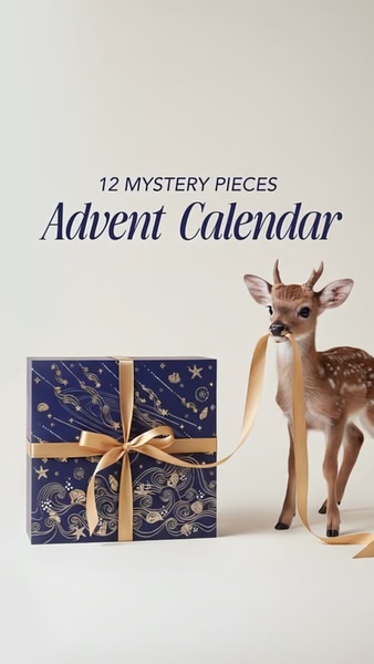 A high-end product display showing an advent calendar box tied with a gold ribbon, held by a gentle fawn character.