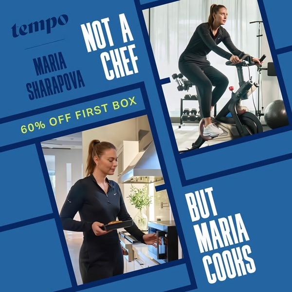 A split-pane ad creative featuring a celebrity using a meal kit service, contrasting a professional workout with easy home meal preparation.