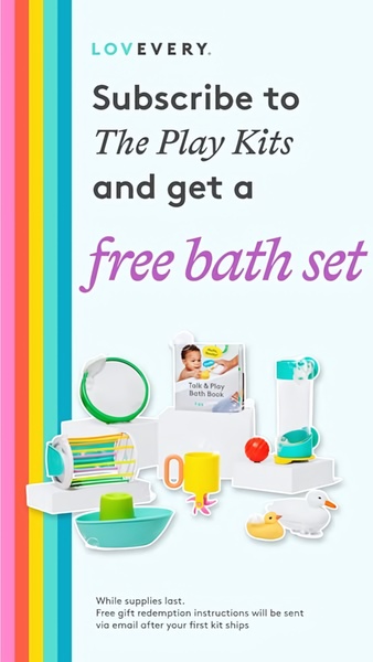 A vertical 9:16 promotional image highlighting a subscription service for children's developmental play kits with a free bath set gift.
