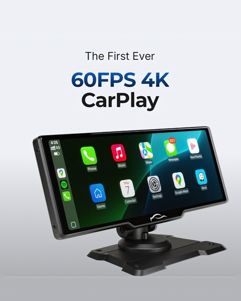 A high-fidelity studio shot of a 4K 60FPS CarPlay display unit isolated on a clean, light grey background.