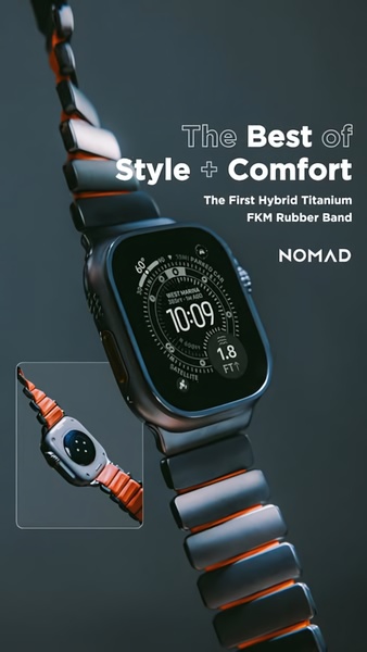 watch band, watch strap, smartwatch band, rubber watch band, titanium watch band, hybrid watch strap, fkm watch band, product launch, minimalist, luxurious, blue, orange