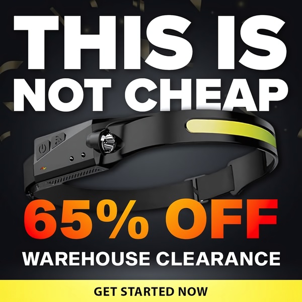 A high-contrast 1:1 graphic ad featuring a headlamp, using a bold 'not cheap' claim followed by an aggressive discount offer.
